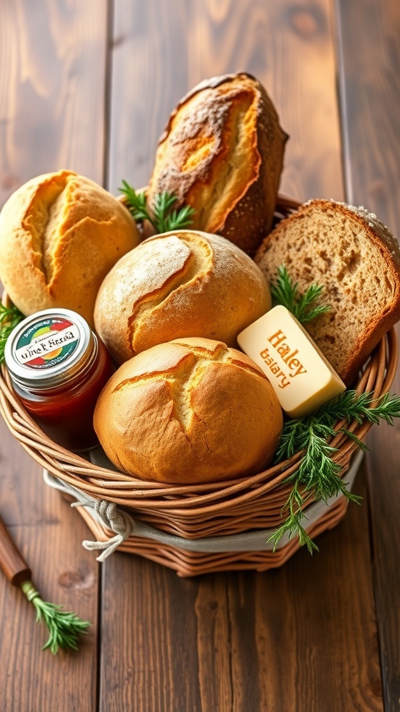 Homemade Bread Gift Basket A decorative gift basket with various homemade breads, jams, honey, and flavored butter on a rustic table.